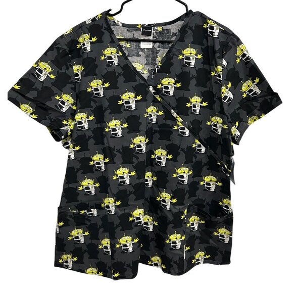 Disney Pixar Scrub Top NWT Gray Camouflage Alien Print Short Sleeve Sz 2XL - Picture 1 of 10